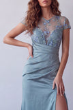 Grey Blue Sheer Sheath Short Sleeves Maxi Dress with Slit
