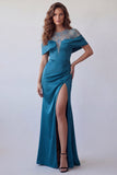 Peacock Blue Mermaid Satin Long Evening Dress with Slit