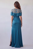 Peacock Blue Mermaid Satin Long Evening Dress with Slit
