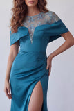 Peacock Blue Mermaid Satin Long Evening Dress with Slit