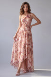 One Shoulder Pink A Line Printed Maxi Floral Dress