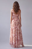 One Shoulder Pink A Line Printed Maxi Floral Dress