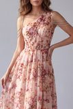 One Shoulder Pink A Line Printed Maxi Floral Dress