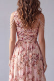 One Shoulder Pink A Line Printed Maxi Floral Dress