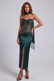 Strapless Dark Green Sheath Side Slit Floral Dress with a Neck Scarf