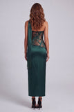 Strapless Dark Green Sheath Side Slit Floral Dress with a Neck Scarf