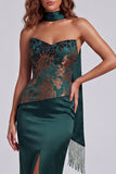 Strapless Dark Green Sheath Side Slit Floral Dress with a Neck Scarf