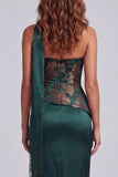 Strapless Dark Green Sheath Side Slit Floral Dress with a Neck Scarf