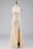 Light Yellow Mermaid Embroidered Floral Dress with Slit