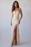 Light Yellow Mermaid Embroidered Floral Dress with Slit