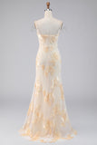 Light Yellow Mermaid Embroidered Floral Dress with Slit