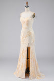 Light Yellow Mermaid Embroidered Floral Dress with Slit