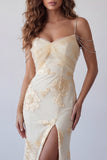 Light Yellow Mermaid Embroidered Floral Dress with Slit