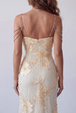 Light Yellow Mermaid Embroidered Floral Dress with Slit