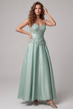 Green A Line Spaghetti Straps Appliqued Satin Maxi Dress