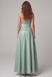 Green A Line Spaghetti Straps Appliqued Satin Maxi Dress