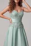 Green A Line Spaghetti Straps Appliqued Satin Maxi Dress