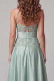 Green A Line Spaghetti Straps Appliqued Satin Maxi Dress