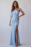 One Shoulder Sky Blue Mermaid Maxi Dress with Slit