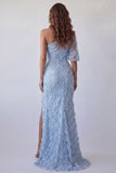 One Shoulder Sky Blue Mermaid Maxi Dress with Slit