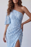 One Shoulder Sky Blue Mermaid Maxi Dress with Slit