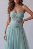 Sweetheart Green Corset A Line Maxi Dress with Lace Up Back