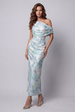 One Shoulder Light Green Sheath Printed Floral Dress