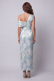 One Shoulder Light Green Sheath Printed Floral Dress