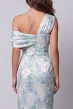 One Shoulder Light Green Sheath Printed Floral Dress