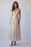 Champagne A-Line Ruched V-Neck Printed Maxi Dress with Cap Sleeves