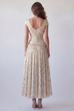 Champagne A-Line Ruched V-Neck Printed Maxi Dress with Cap Sleeves