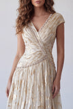 Champagne A-Line Ruched V-Neck Printed Maxi Dress with Cap Sleeves
