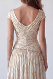 Champagne A-Line Ruched V-Neck Printed Maxi Dress with Cap Sleeves
