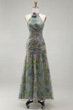 Halter Dusty Sage Chiffon A-Line Long Floral Dress with 3D Flower