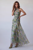Halter Dusty Sage Chiffon A-Line Long Floral Dress with 3D Flower