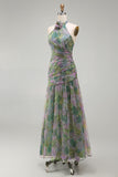 Halter Dusty Sage Chiffon A-Line Long Floral Dress with 3D Flower