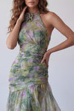 Halter Dusty Sage Chiffon A-Line Long Floral Dress with 3D Flower