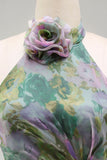 Halter Dusty Sage Chiffon A-Line Long Floral Dress with 3D Flower