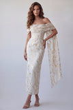 Off the Shoulder Champagne Sheath Printed Maxi Dress