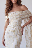 Off the Shoulder Champagne Sheath Printed Maxi Dress