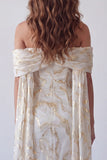 Off the Shoulder Champagne Sheath Printed Maxi Dress