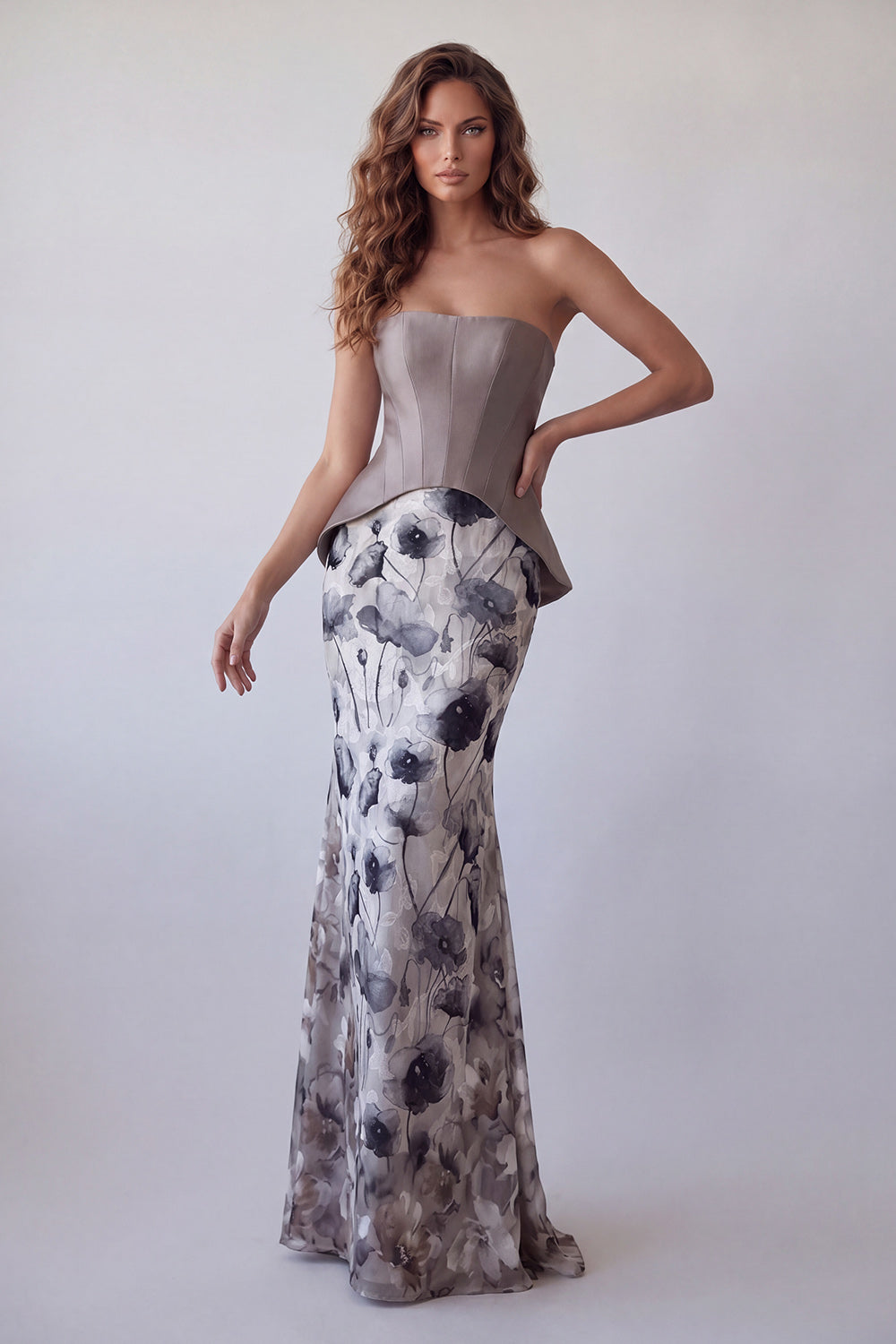 Strapless Mermaid Vintage Mauve Chiffon Floral Long Evening Dress