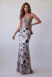 Strapless Mermaid Vintage Mauve Chiffon Floral Long Evening Dress