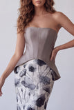 Strapless Mermaid Vintage Mauve Chiffon Floral Long Evening Dress