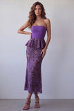 Purple Strapless Mermaid Ruffled Midi Floral Dress