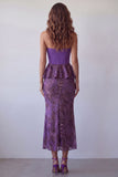 Purple Strapless Mermaid Ruffled Midi Floral Dress