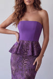 Purple Strapless Mermaid Ruffled Midi Floral Dress