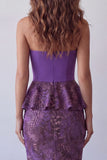Purple Strapless Mermaid Ruffled Midi Floral Dress