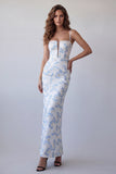 Light Blue Sheath Spaghetti Straps Printed Long Floral Dress