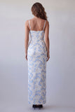 Light Blue Sheath Spaghetti Straps Printed Long Floral Dress